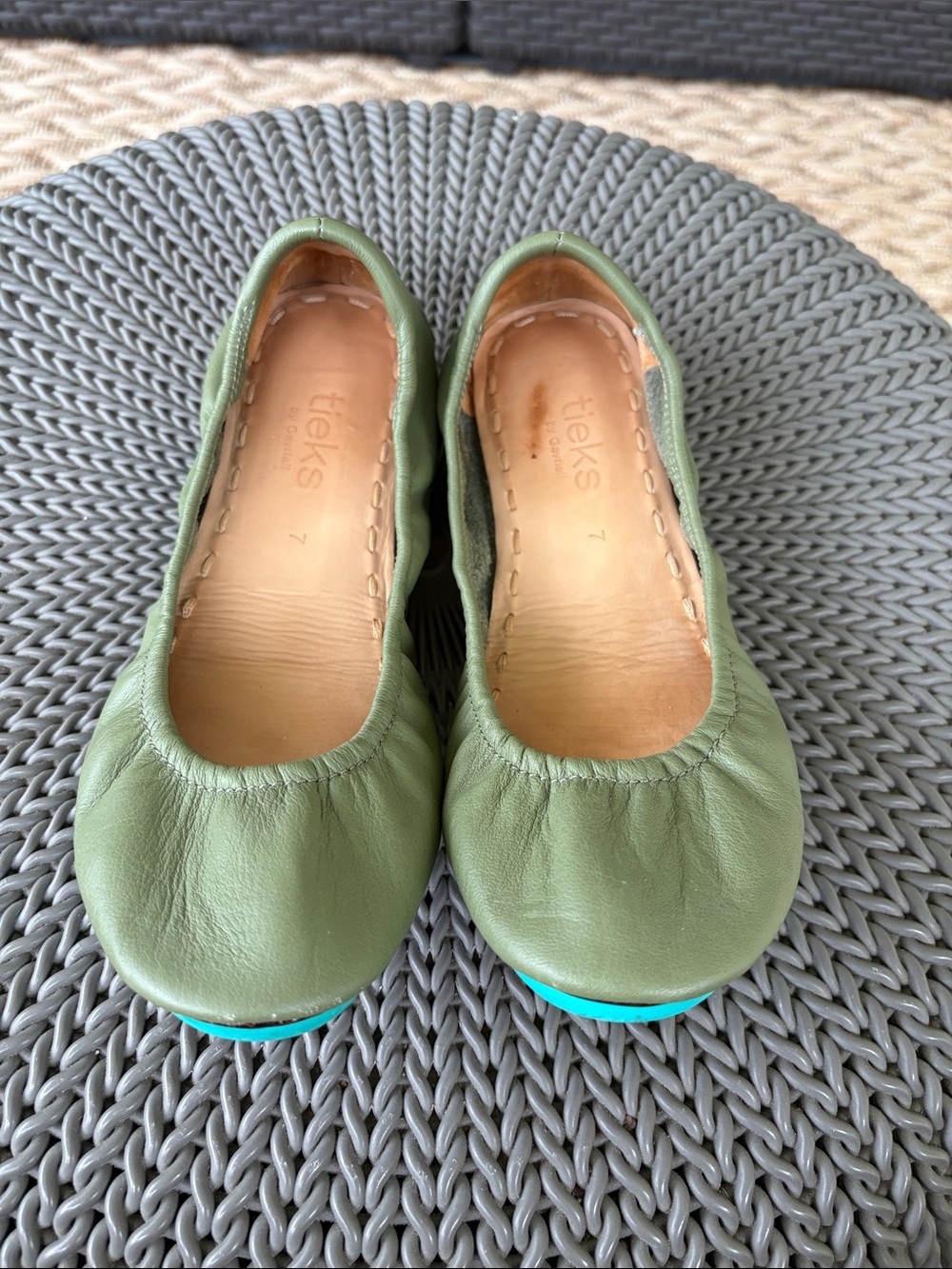Tieks Olive Green Leather Ballet Flats with Turquoise Soles